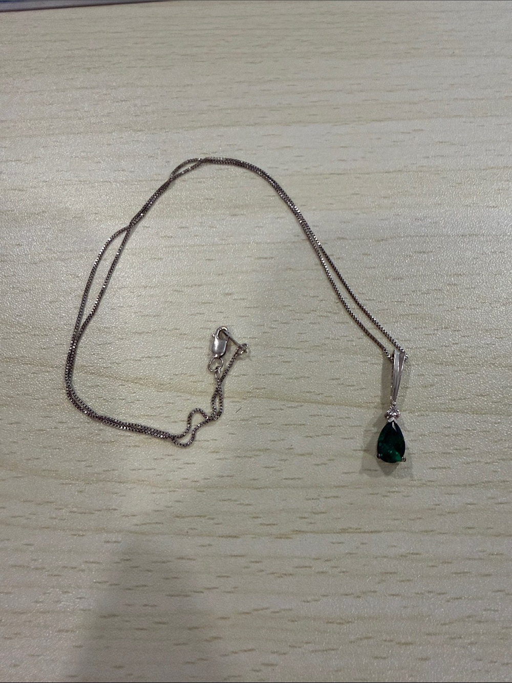 Teardrop Emerald Green Pendant Necklace on Silver Chain